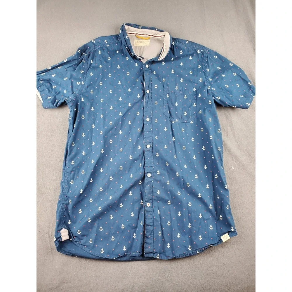 Free Planet Short Sleeve Button Down Pocket Shirt Mens Large Blue White Anchor - Picture 3 of 7